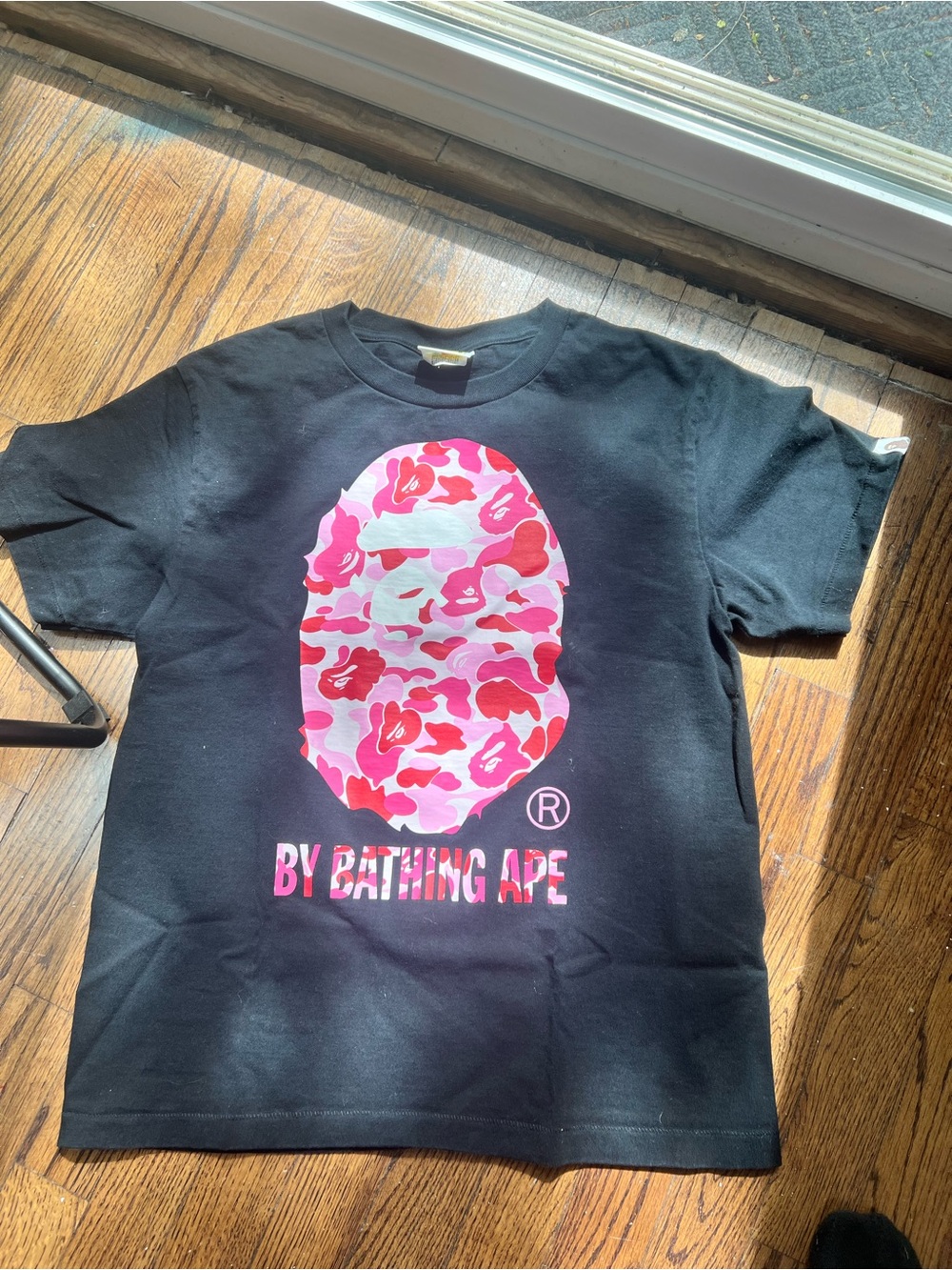 Bape Kids Black Tee with Pink Camo Ape Head